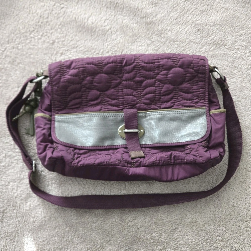 FOSSIL Key-Per Black Silver Purple‎ Plum Soft Quilt Crossbody Messenger Bag